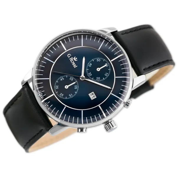 G. Rossi férfi karóra, kvarc, bőr szíj, kék számlap 43 mm, dátum, WR30
