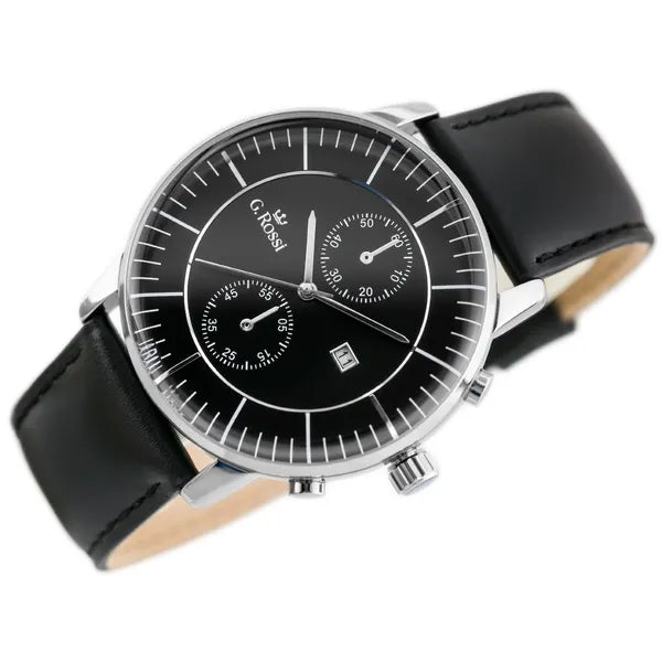 G. Rossi 6462A férfi karóra, Miyota, 43 mm, fekete bőr, dátum, WR30, ezüst tok