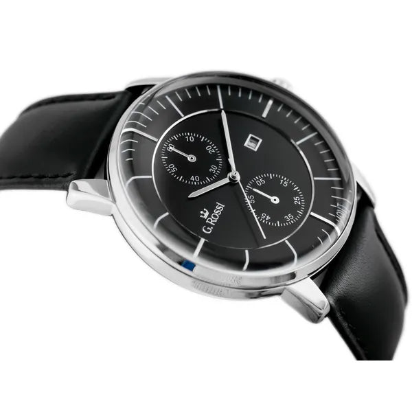 G. Rossi 6462A férfi karóra, Miyota, 43 mm, fekete bőr, dátum, WR30, ezüst tok