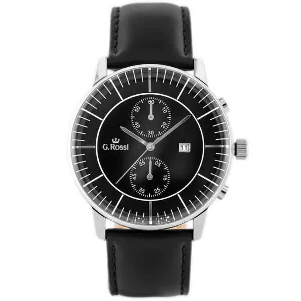 G. Rossi 6462A férfi karóra, Miyota, 43 mm, fekete bőr, dátum, WR30, ezüst tok