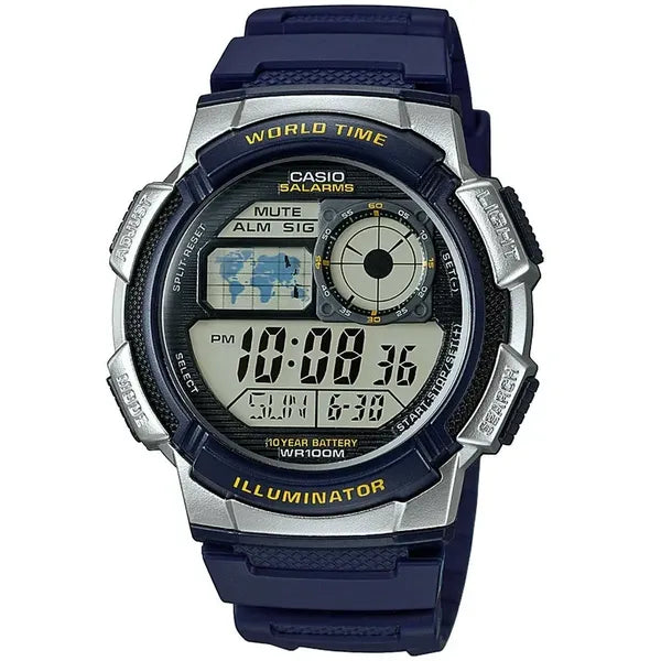 Casio AE-1000W-2AV férfi digitális óra, WR100, világidő, kék szíj
