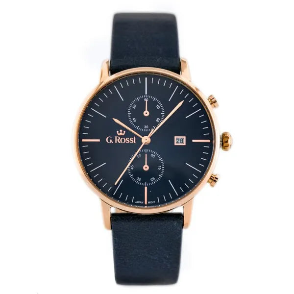 G. Rossi férfi kvarc karóra, kék számlap, bőrszíj, 40 mm, rózsaarany, dátum