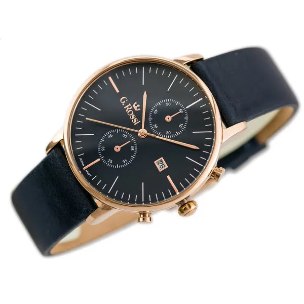 G. Rossi férfi kvarc karóra, kék számlap, bőrszíj, 40 mm, rózsaarany, dátum