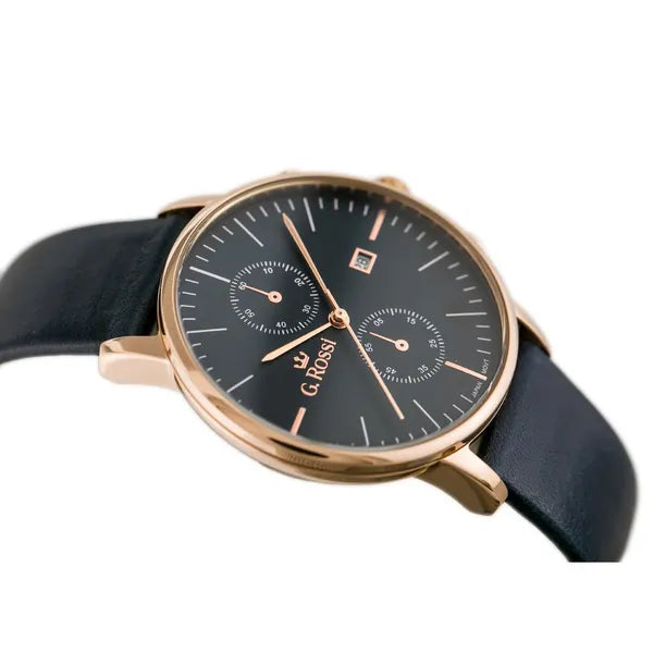 G. Rossi férfi kvarc karóra, kék számlap, bőrszíj, 40 mm, rózsaarany, dátum