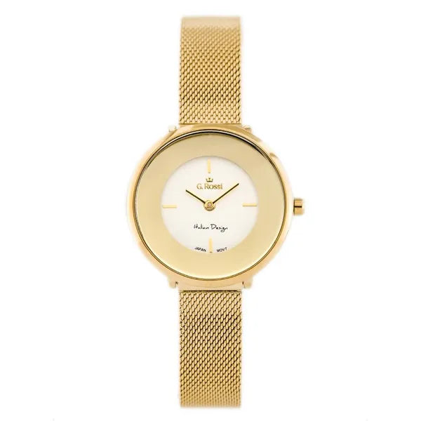 G. Rossi női kvarc karóra, arany fém szíj, ezüst számlap, WR30, 30 mm