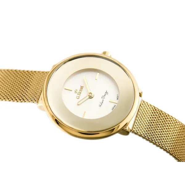 G. Rossi női kvarc karóra, arany fém szíj, ezüst számlap, WR30, 30 mm