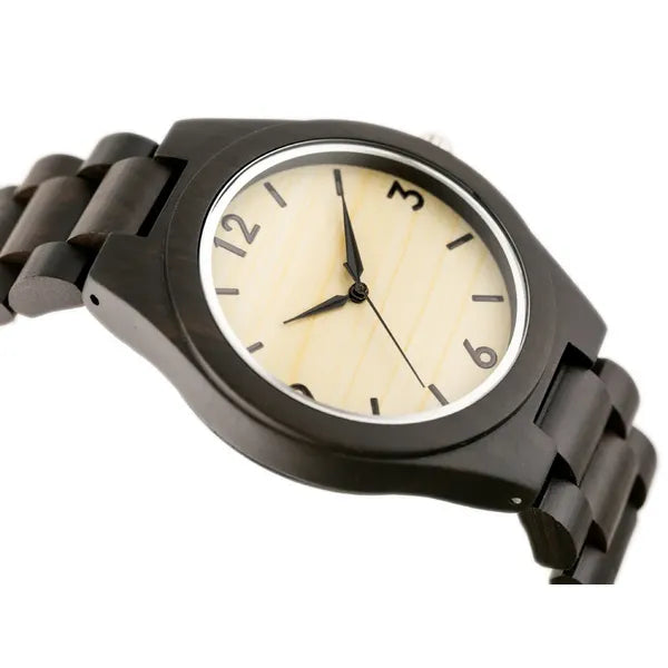 Férfi fa karóra, fa tok és szíj, kvarc, WR30, ásványüveg, bézs számlap, 46 mm