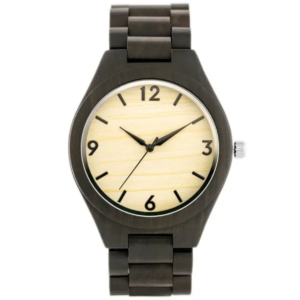 Férfi fa karóra, fa tok és szíj, kvarc, WR30, ásványüveg, bézs számlap, 46 mm