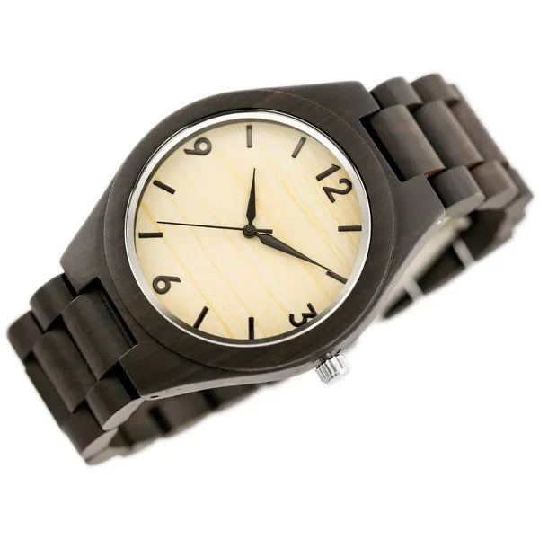 Férfi fa karóra, fa tok és szíj, kvarc, WR30, ásványüveg, bézs számlap, 46 mm