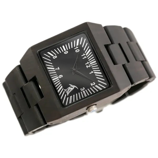 BOBO BIRD férfi fa karóra, fekete számlap, téglalap tok, 46×53 mm, kvarc