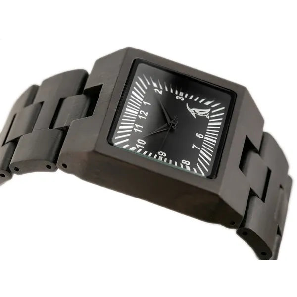 BOBO BIRD férfi fa karóra, fekete számlap, téglalap tok, 46×53 mm, kvarc