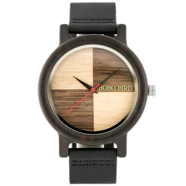 Férfi fa karóra, kvarc, 45 mm, fekete bőr szíj, WR30, barna számlap