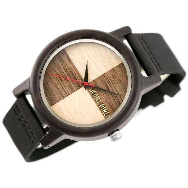 Férfi fa karóra, kvarc, 45 mm, fekete bőr szíj, WR30, barna számlap