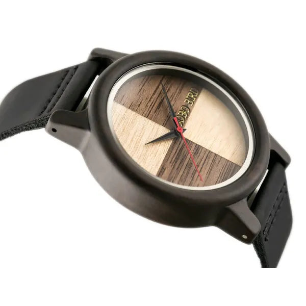 Férfi fa karóra, kvarc, 45 mm, fekete bőr szíj, WR30, barna számlap