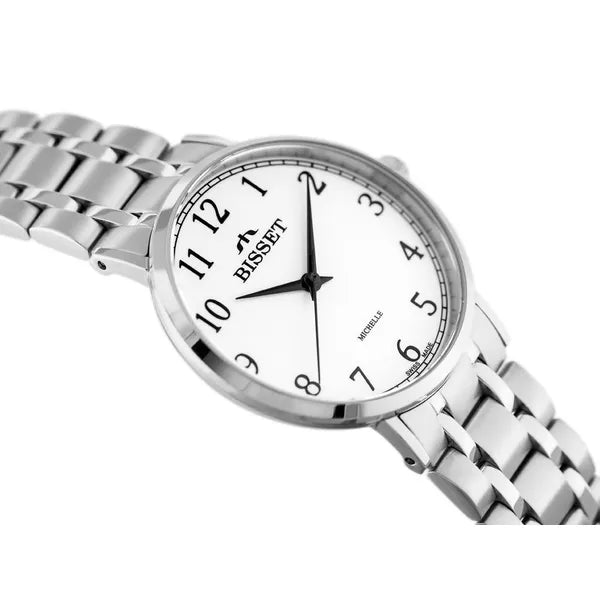 Bisset BSBE70 női karóra, nemesacél, ezüst, fehér számlap, 32 mm, 3 ATM