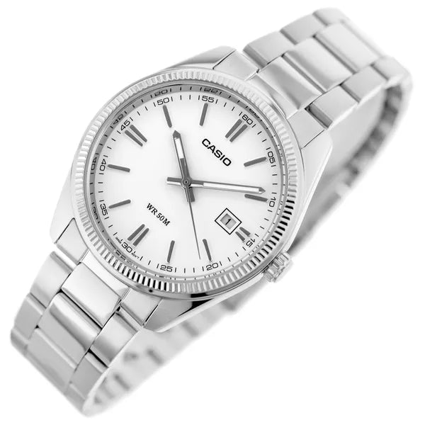 Casio férfi karóra MTP-1302D-7A1, nemesacél szíj, fehér számlap, 38 mm, WR50