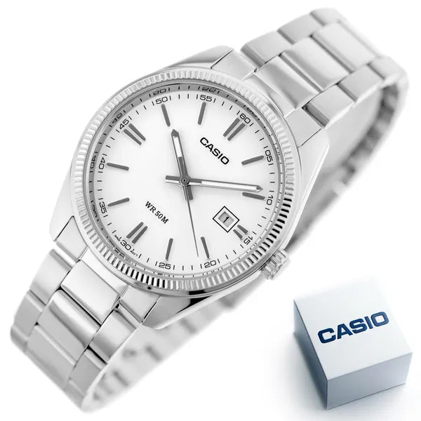 Casio férfi karóra MTP-1302D-7A1, nemesacél szíj, fehér számlap, 38 mm, WR50