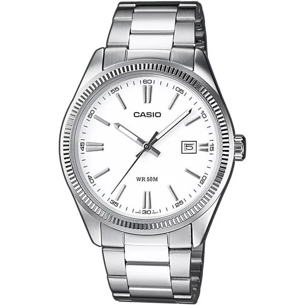 Casio férfi karóra MTP-1302D-7A1, nemesacél szíj, fehér számlap, 38 mm, WR50