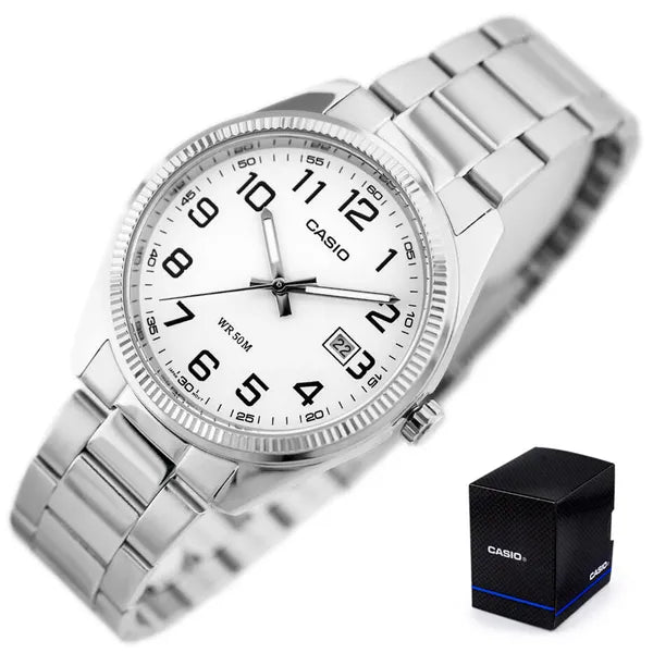 Casio férfi karóra MTP-1302PD-7B, kvarc, acél szíj, 38 mm, fehér számlap, WR50