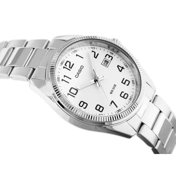 Casio férfi karóra MTP-1302PD-7B, kvarc, acél szíj, 38 mm, fehér számlap, WR50