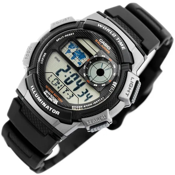 Casio AE-1000W-1BV férfi digitális karóra, világidő, WR100, fekete, doboz