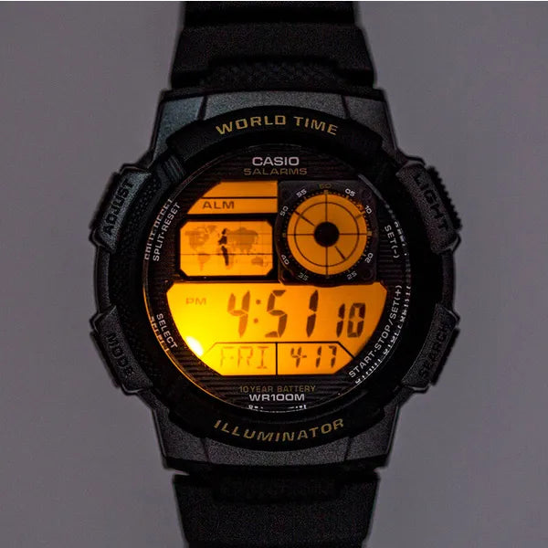 Casio AE-1000W-1BV férfi digitális karóra, világidő, WR100, fekete, doboz
