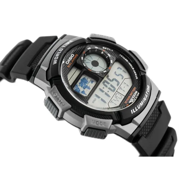 Casio AE-1000W-1BV férfi digitális karóra, világidő, WR100, fekete, doboz