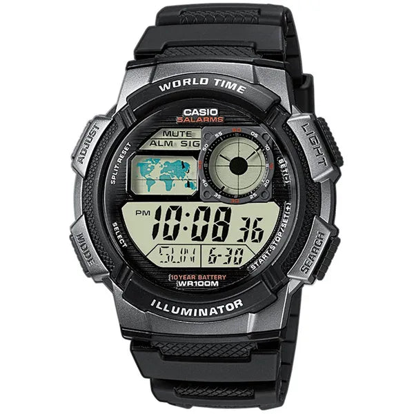 Casio AE-1000W-1BV férfi digitális karóra, világidő, WR100, fekete, doboz