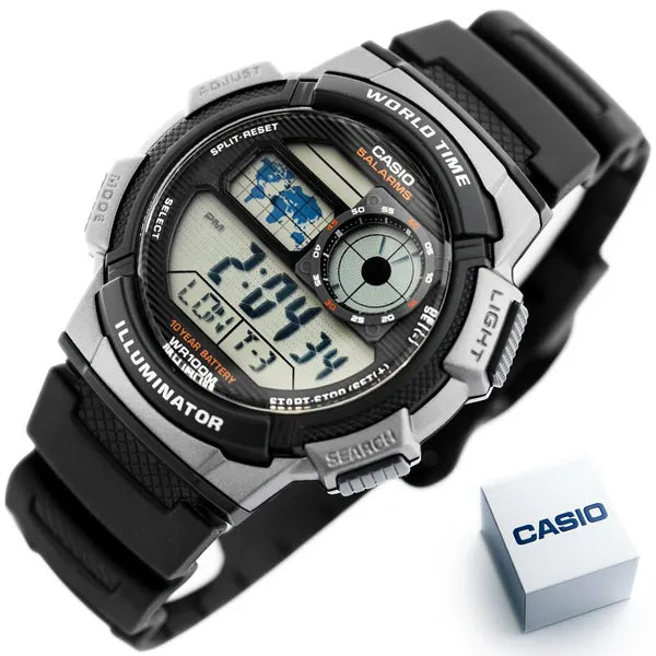 Casio AE-1000W-1BV férfi digitális karóra, világidő, WR100, fekete, doboz