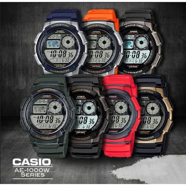 Casio AE-1000W-1BV férfi digitális karóra, világidő, WR100, fekete, doboz