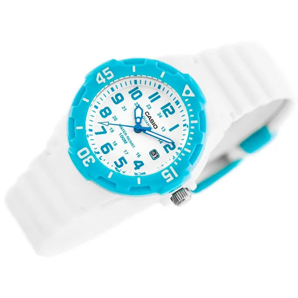 Casio LRW-200H-2BV női karóra, WR100, fehér szíj, kék tok, 33 mm + díszdoboz