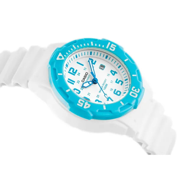Casio LRW-200H-2BV női karóra, WR100, fehér szíj, kék tok, 33 mm + díszdoboz