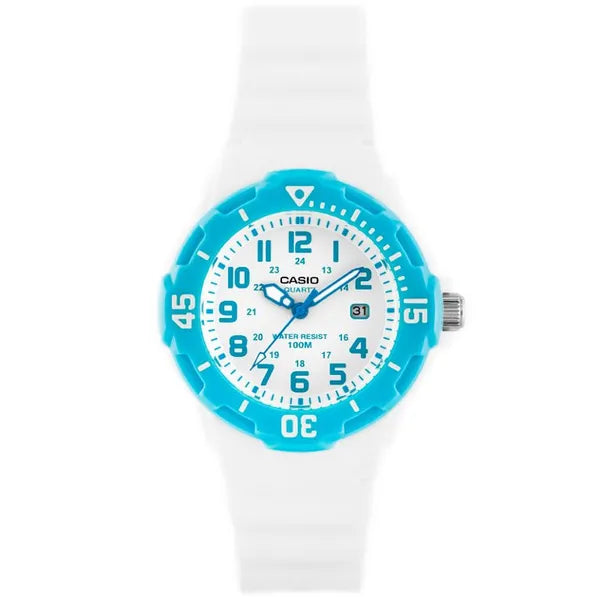 Casio LRW-200H-2BV női karóra, WR100, fehér szíj, kék tok, 33 mm + díszdoboz