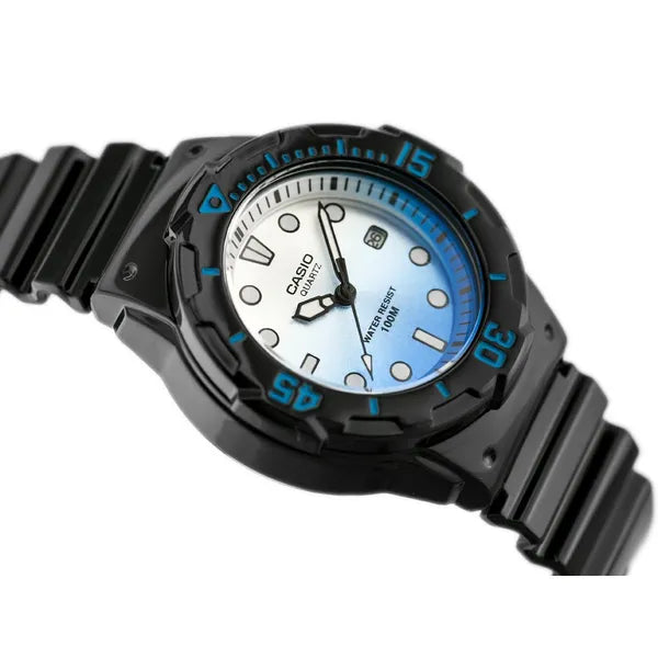 Casio LRW-200H-2EV női/lányka karóra, fekete szíj, kék-fehér számlap, WR100