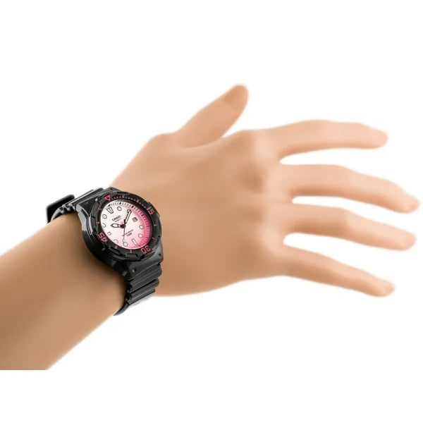 Casio LRW-200H-4EV női karóra, fekete műanyag szíj, rózsaszín számlap, WR100