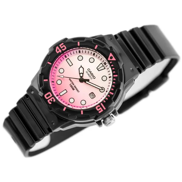 Casio LRW-200H-4EV női karóra, fekete műanyag szíj, rózsaszín számlap, WR100