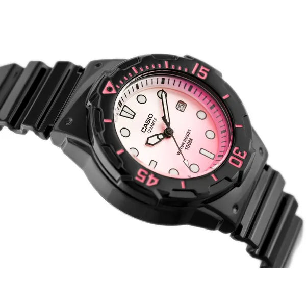 Casio LRW-200H-4EV női karóra, fekete műanyag szíj, rózsaszín számlap, WR100
