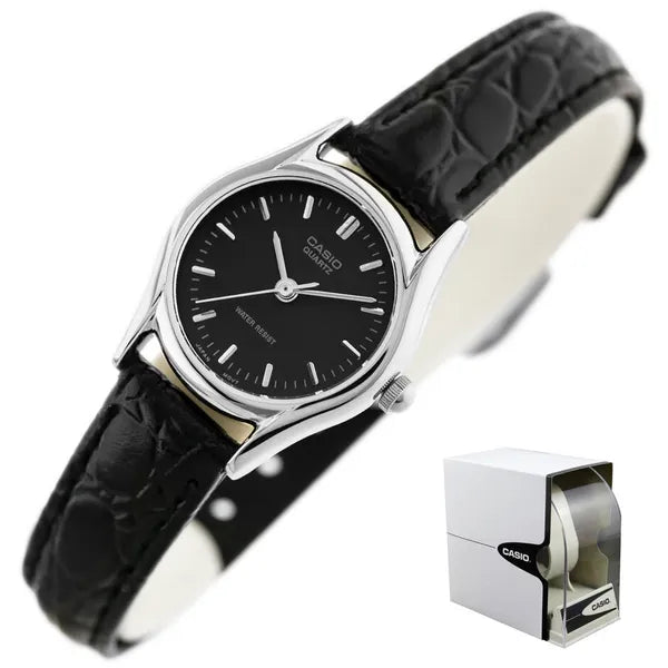 Casio LTP-1094E-1ARDF női karóra, fekete számlap, bőrszíj, WR30 + díszdoboz