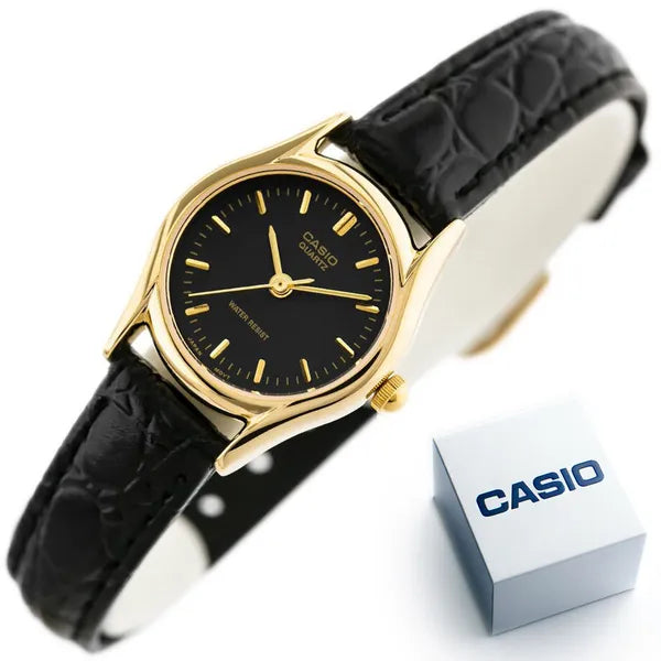 Casio LTP-1094Q-1ARDF női karóra, arany tok, fekete bőrszíj, kvarc, WR30, 23 mm