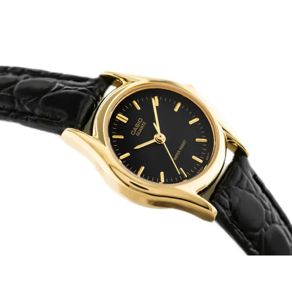 Casio LTP-1094Q-1ARDF női karóra, arany tok, fekete bőrszíj, kvarc, WR30, 23 mm