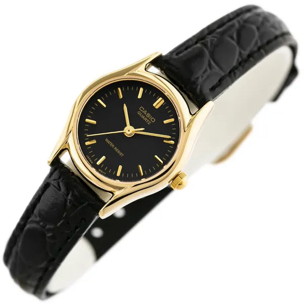 Casio LTP-1094Q-1ARDF női karóra, arany tok, fekete bőrszíj, kvarc, WR30, 23 mm