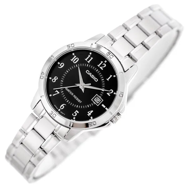 Casio LTP-V004D-1BUDF női karóra, ezüst rozsdamentes acél, fekete számlap, WR30