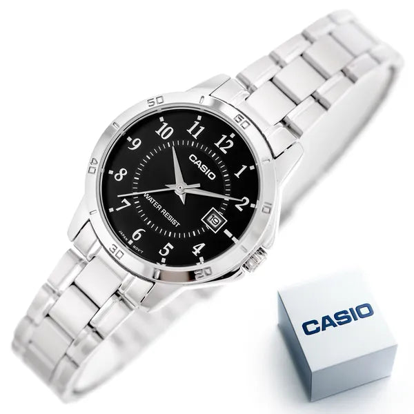 Casio LTP-V004D-1BUDF női karóra, ezüst rozsdamentes acél, fekete számlap, WR30