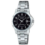 Casio LTP-V004D-1BUDF női karóra, ezüst rozsdamentes acél, fekete számlap, WR30