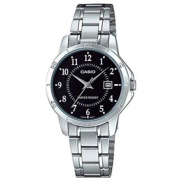 Casio LTP-V004D-1BUDF női karóra, ezüst rozsdamentes acél, fekete számlap, WR30