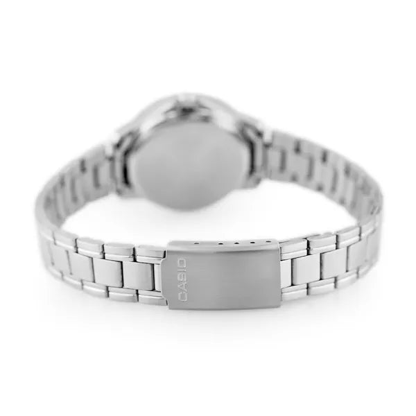 Casio LTP-V004D-1BUDF női karóra, ezüst rozsdamentes acél, fekete számlap, WR30