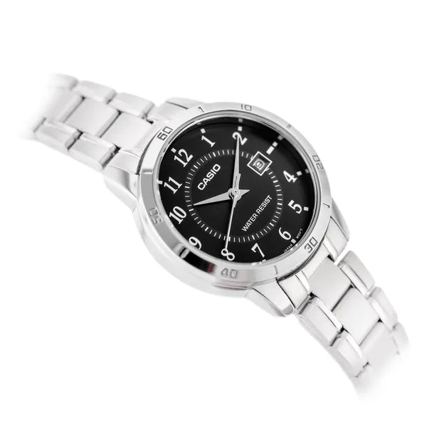 Casio LTP-V004D-1BUDF női karóra, ezüst rozsdamentes acél, fekete számlap, WR30