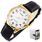 Casio MTP-V001GL-7B férfi karóra, arany tok, fehér számlap, fekete bőr szíj