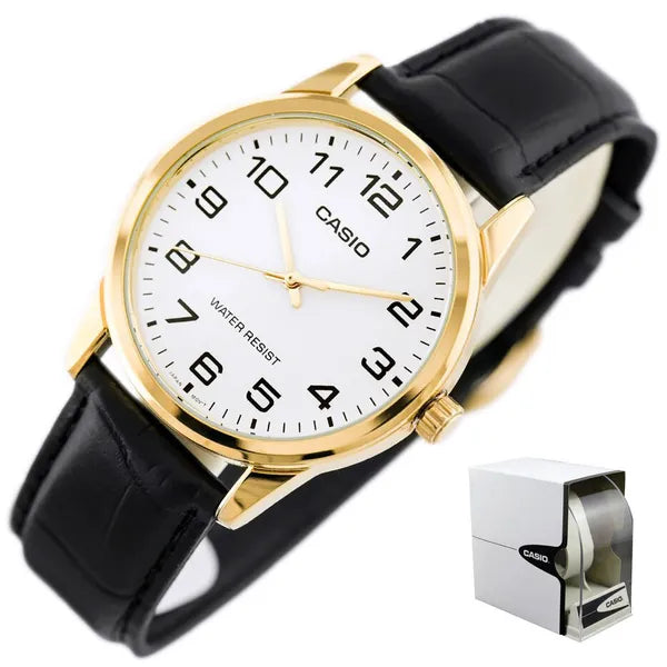 Casio MTP-V001GL-7B férfi karóra, arany tok, fehér számlap, fekete bőr szíj