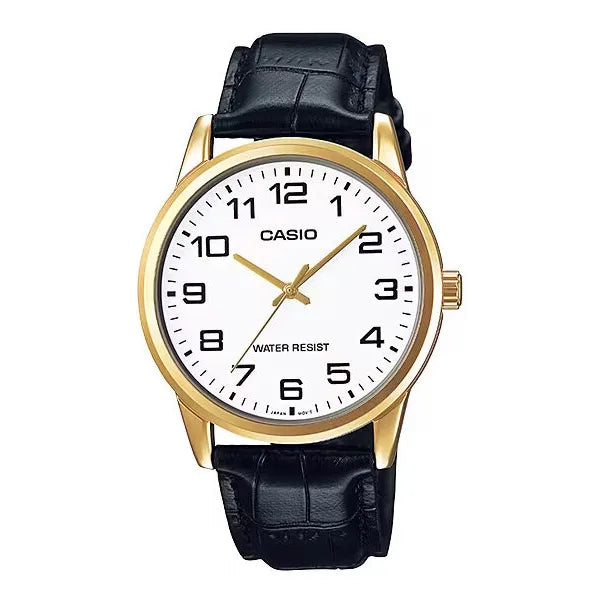 Casio MTP-V001GL-7B férfi karóra, arany tok, fehér számlap, fekete bőr szíj